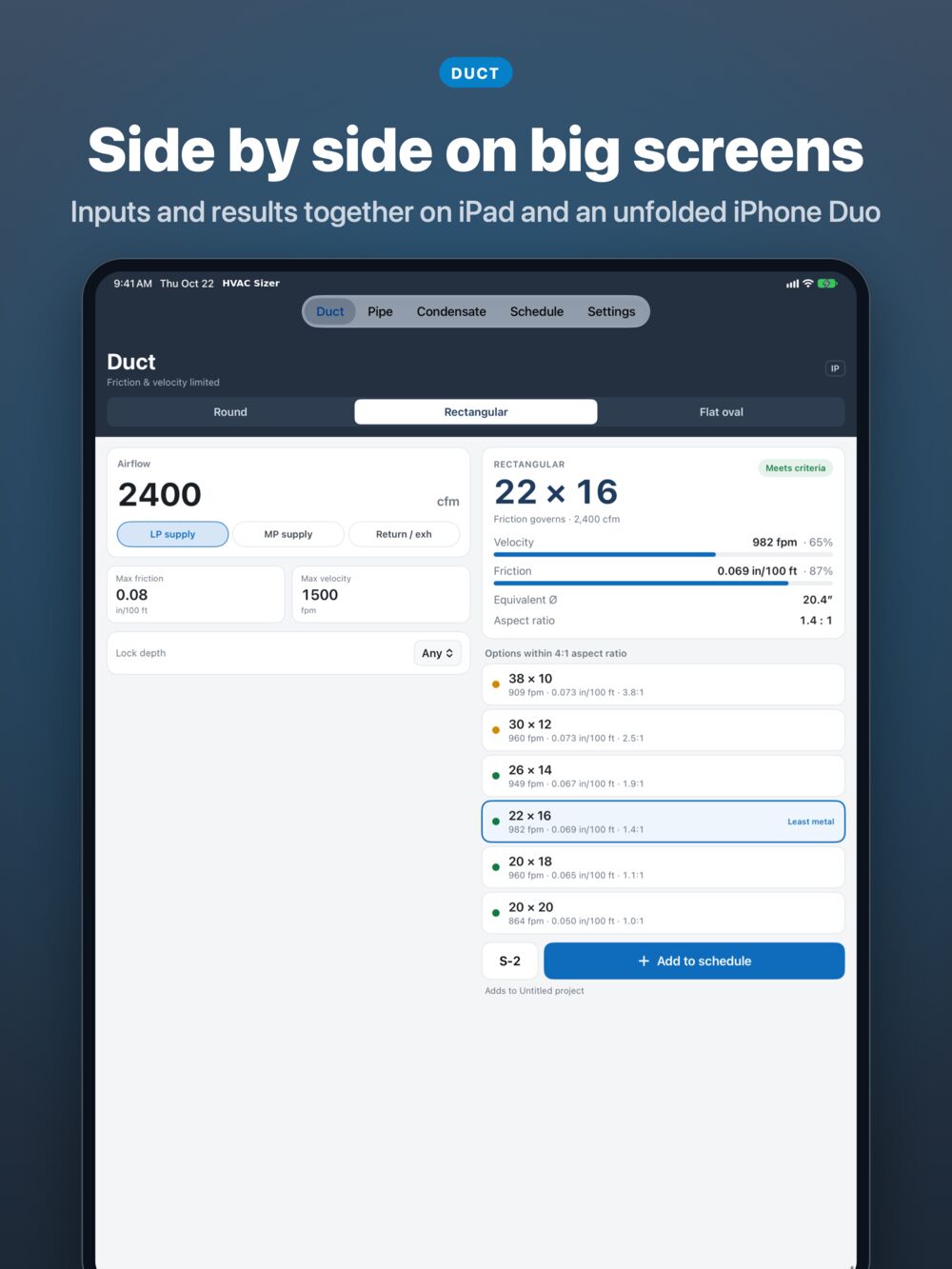 iPad layout with inputs and results side by side