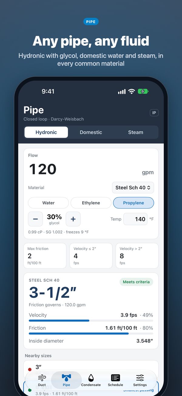 Pipe sizing: hydronic, domestic and steam, with glycol mix and temperature