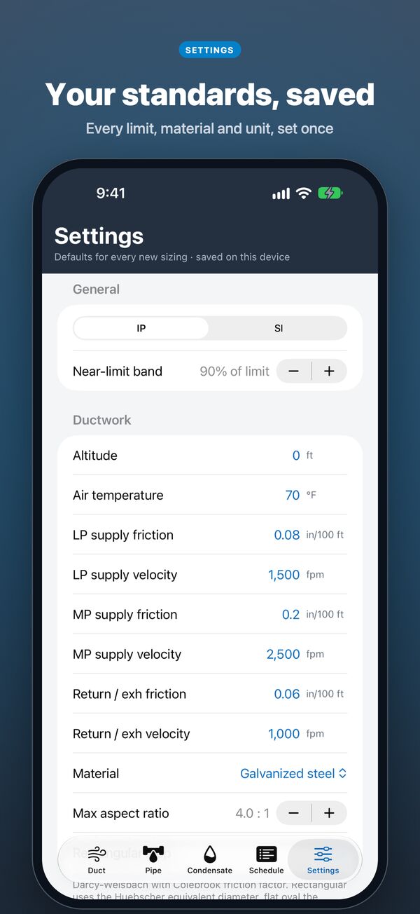 Settings: IP or SI units and default friction and velocity limits